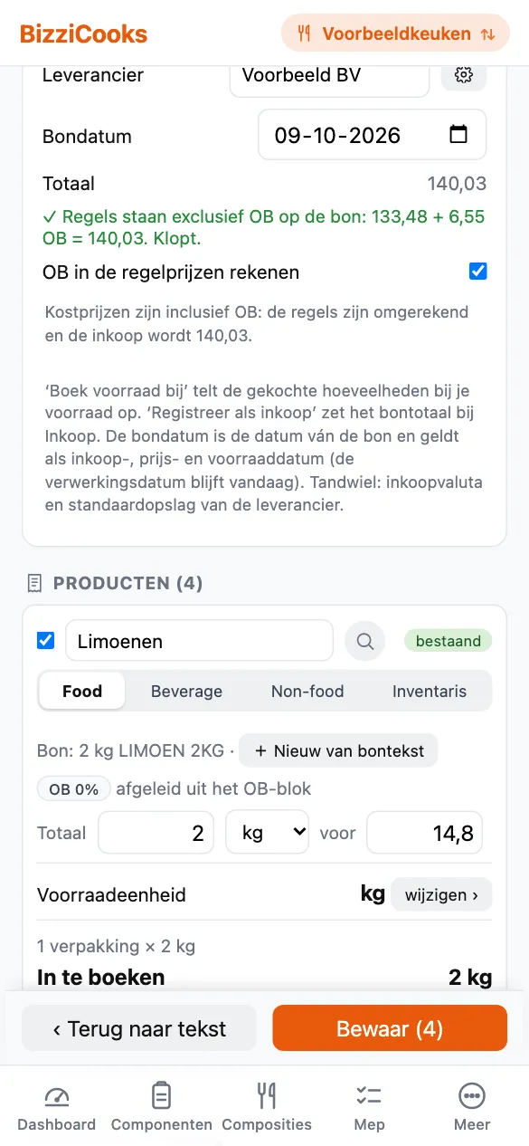 Bonscan van BizziCooks op een telefoon: de regels komen inclusief OB uit op het totaal van de bon, met het OB-tarief per regel.
